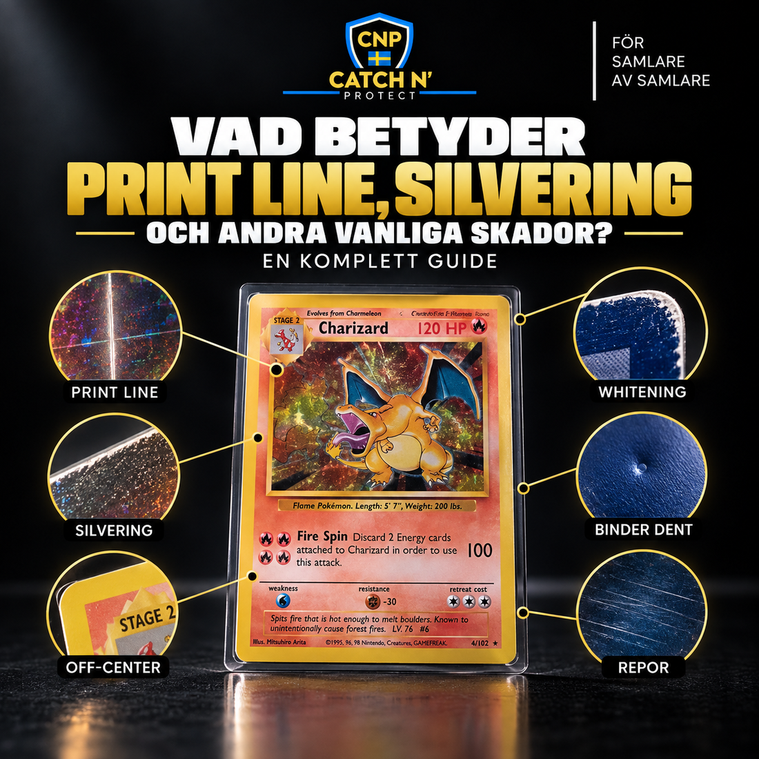 Guide om print line, silvering, whitening, repor och andra vanliga skador på Pokémonkort | Catch N’ Protect